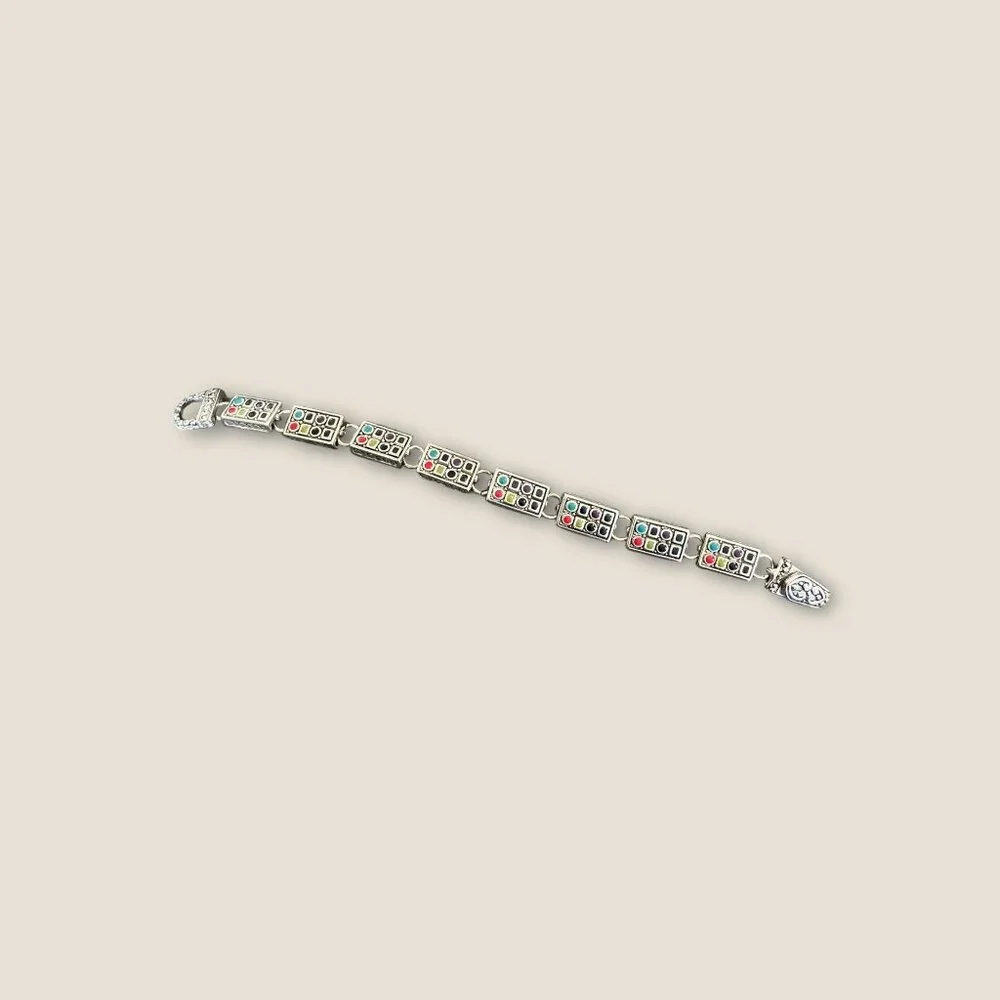 Vintage Colorful Silver-Tone Enamel Bracelet With Magnetic Clasp 7.5 Inches